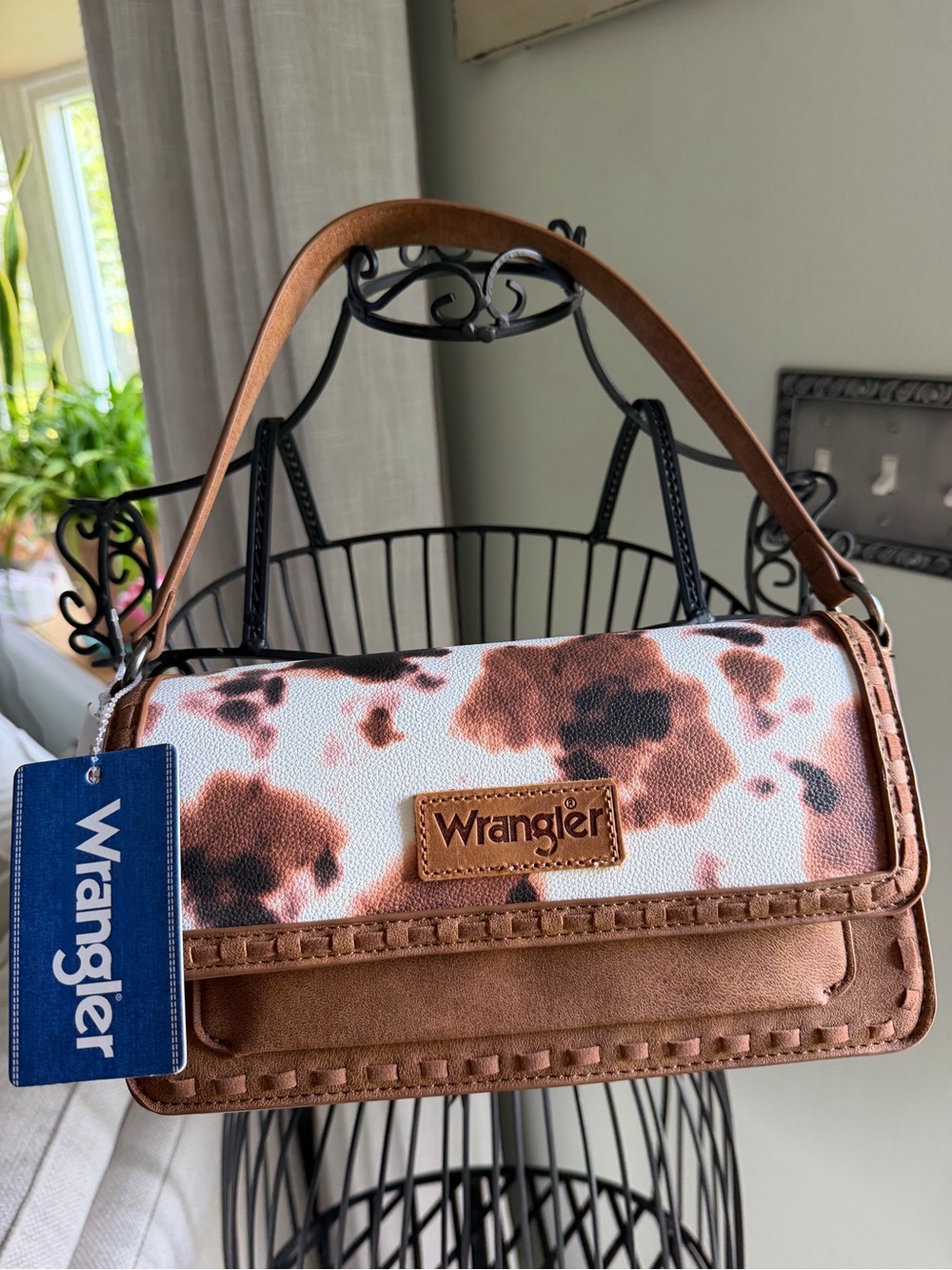 Wrangler Brown Cowprint Mini Shoulder Bag with Tan Accents